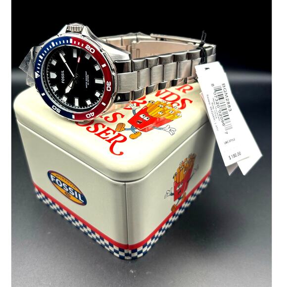 Fossil BQM2883 Mens Black Dial Pepsi Bezel Stainless Steel Diver Style Watch NIB - Picture 3 of 17